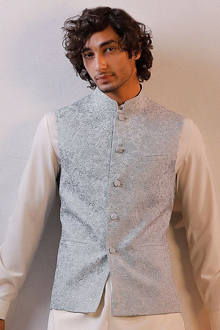 Grey Silk Embroidered Nehru Jacket Set by Line by Shamim Khan at Pernia's Pop Up Shop