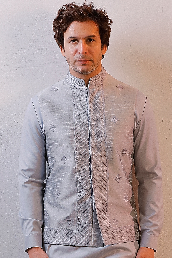 Grey Raw Silk Embroidered Nehru Jacket Set by Line by Shamim Khan at Pernia's Pop Up Shop