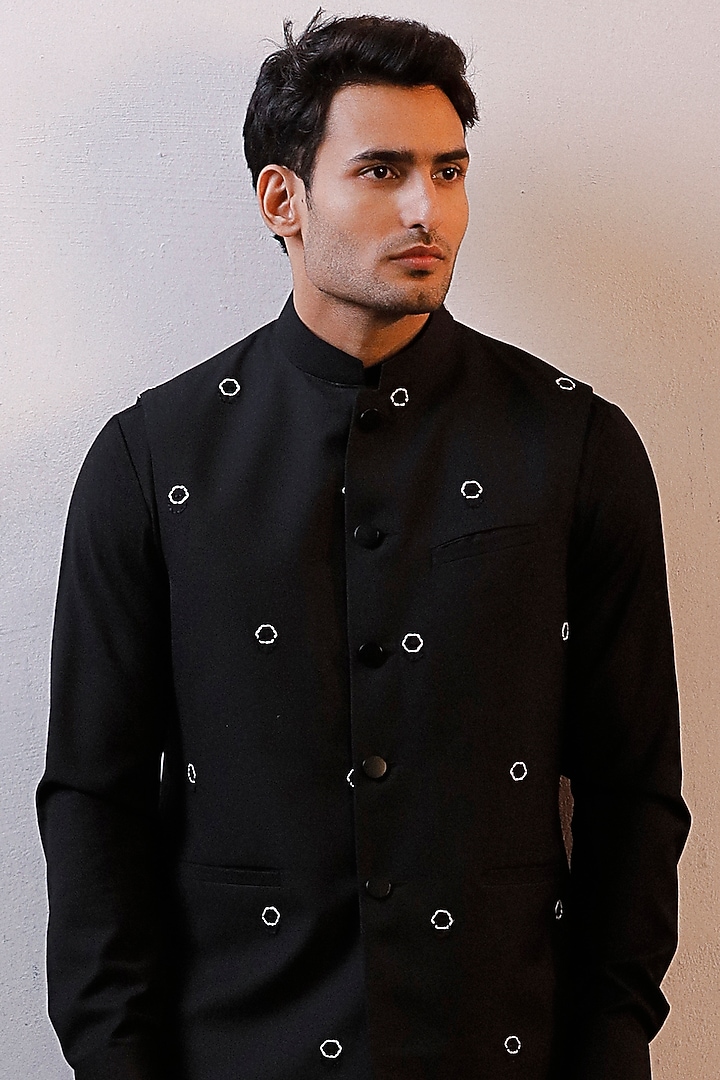 Black Raw Silk Hand Embroidered Nehru Jacket Set by Line by Shamim Khan at Pernia's Pop Up Shop