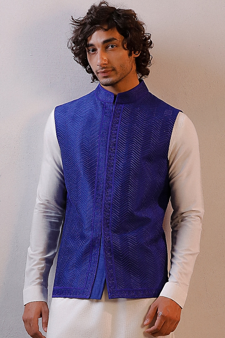 Blue Raw Silk Dori Hand Embroidered Nehru Jacket Set by Line by Shamim Khan at Pernia's Pop Up Shop