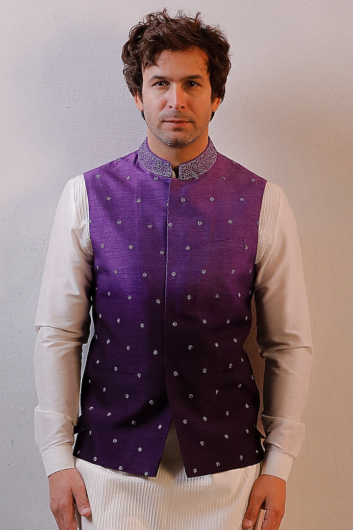 Purple Ombre Raw Silk Embroidered Nehru Jacket Set by Line by Shamim Khan at Pernia's Pop Up Shop