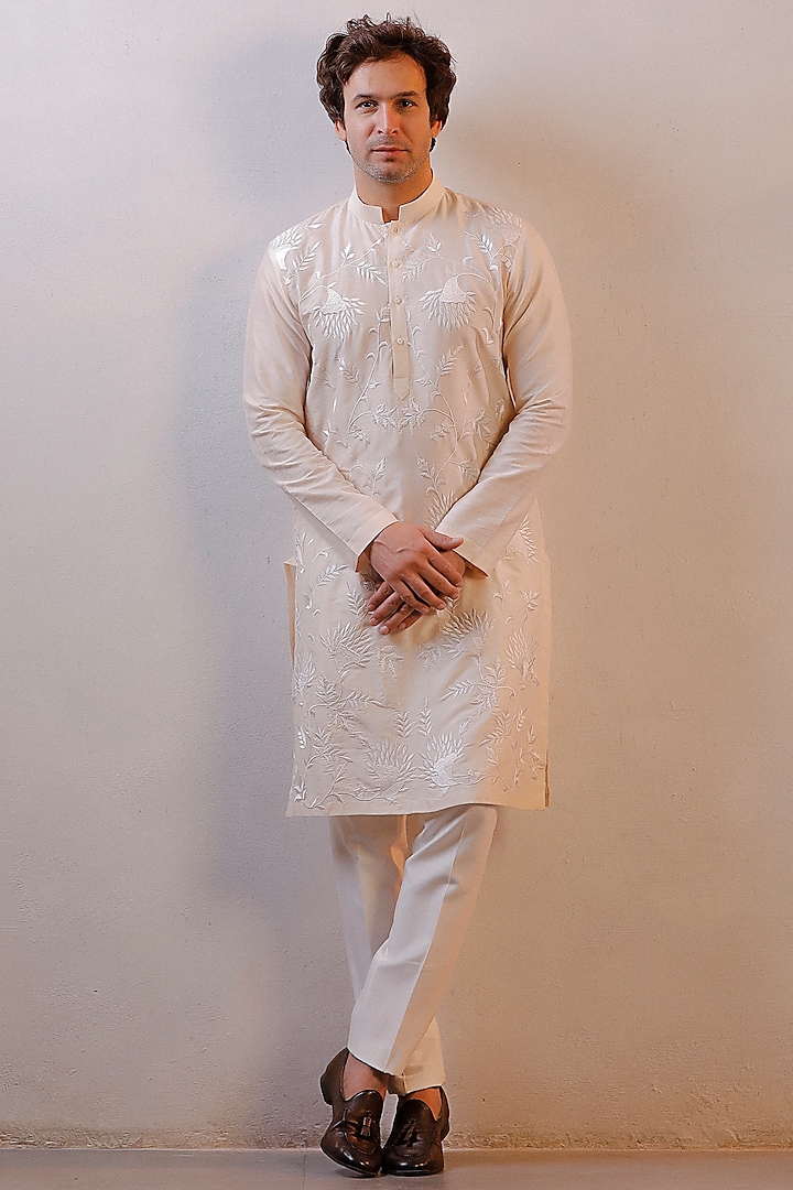 Ivory Cotton Silk Embroidered Kurta Set by Line by Shamim Khan