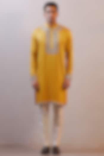 Mustard Yellow Silk Leather Work Kurta Set by Line by Shamim Khan