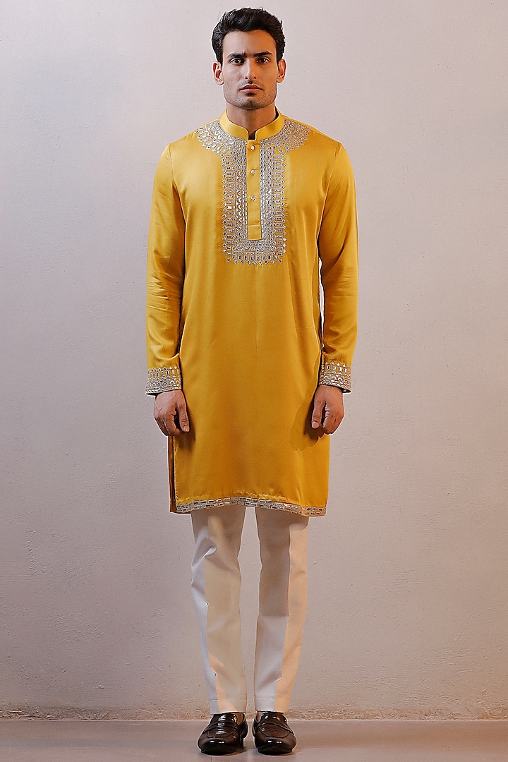Mustard Yellow Silk Leather Work Kurta Set by Line by Shamim Khan