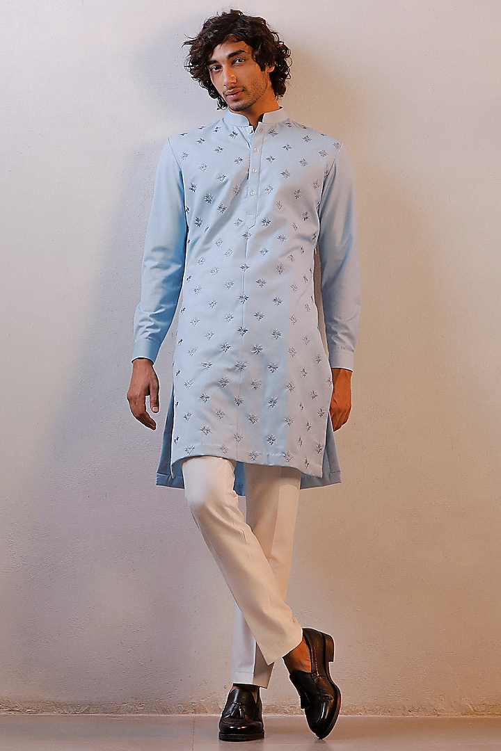 Powder Blue Cotton Silk Thread Work Kurta Set by Line by Shamim Khan