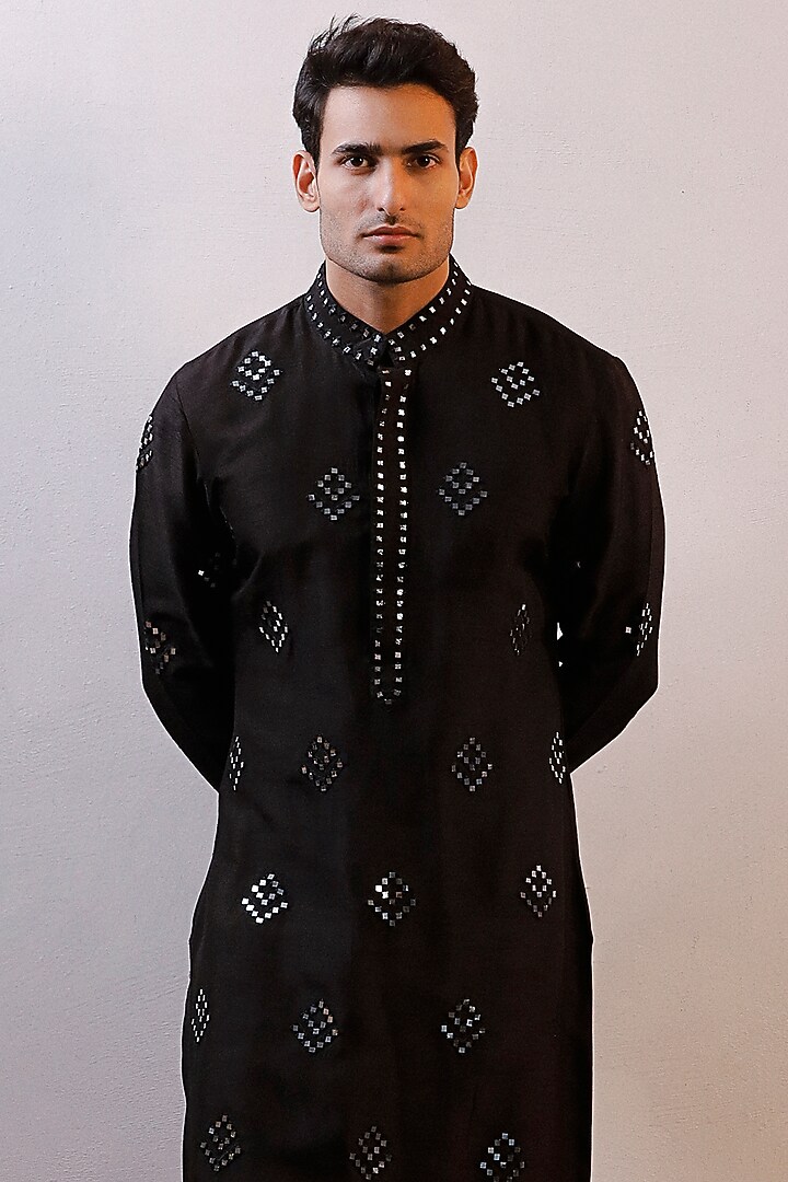 Black Silk Mirror Work Kurta Set by Line by Shamim Khan at Pernia's Pop Up Shop