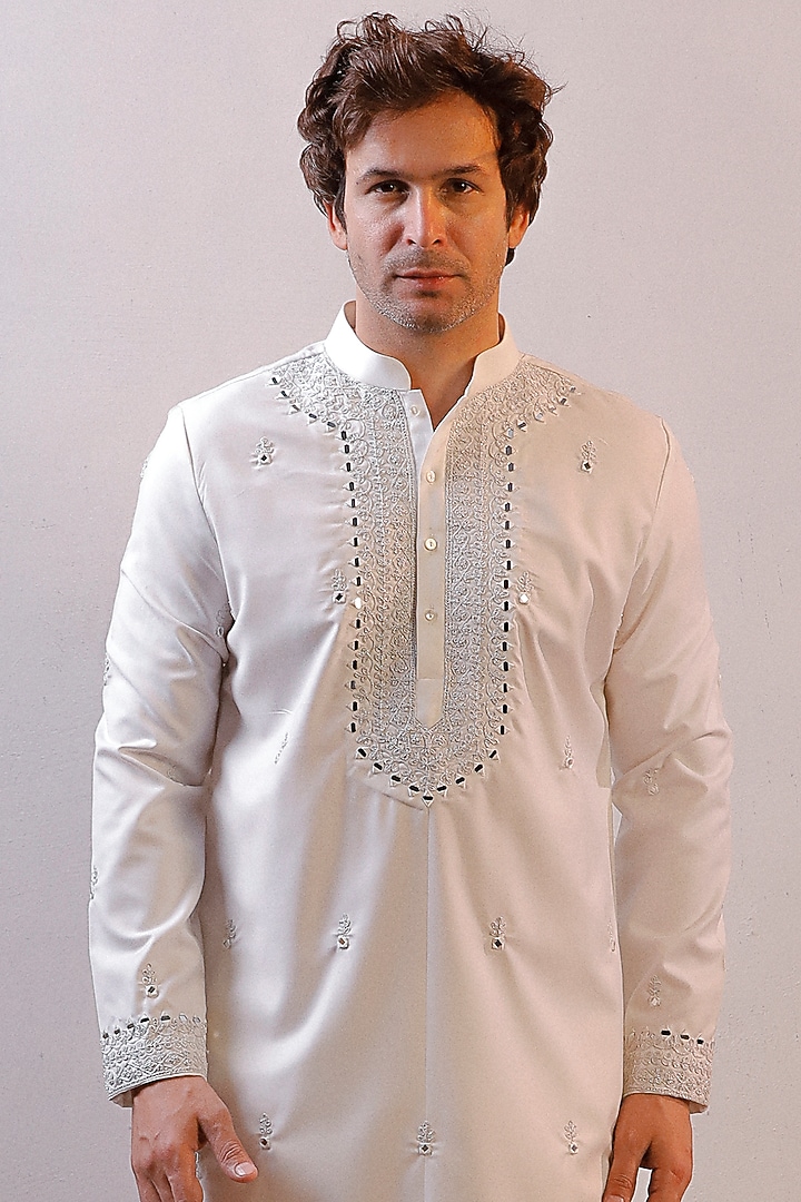 White Silk Mirror Work Kurta Set by Line by Shamim Khan at Pernia's Pop Up Shop