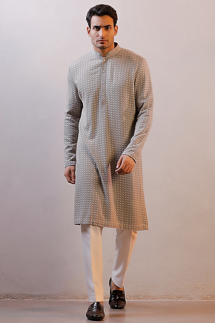 Grey Georgette Thread Work Kurta Set by Line by Shamim Khan
