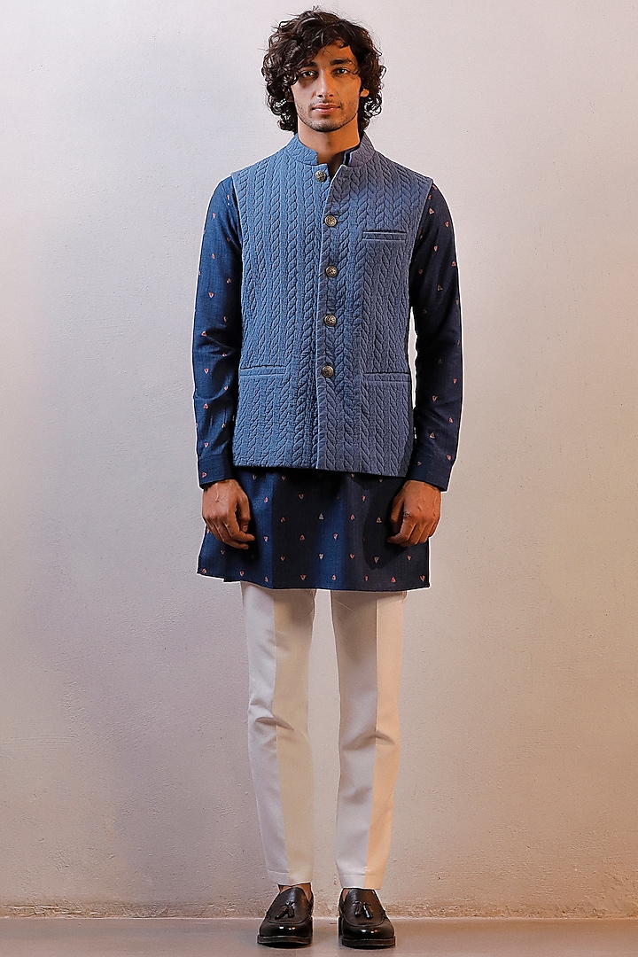 Blue Silk Mirror Work Quilted Nehru Jacket Set by Line by Shamim Khan at Pernia's Pop Up Shop