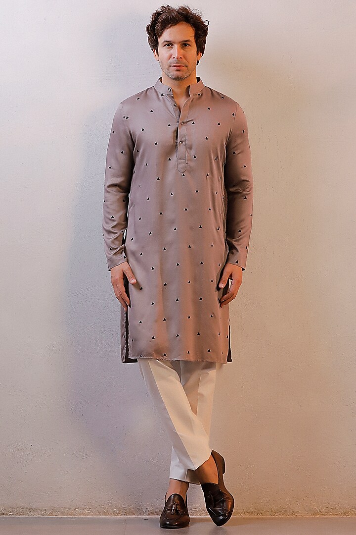 Grey Cotton Silk Thread Work Kurta Set by Line by Shamim Khan