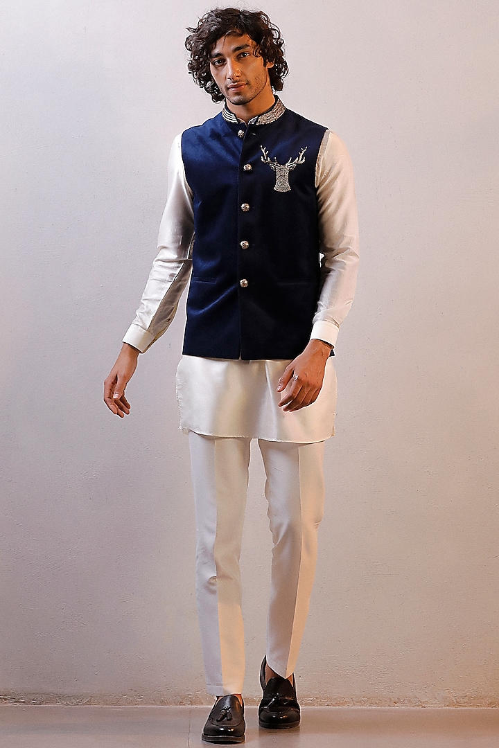 Blue Velvet Nehru Jacket Set by Line by Shamim Khan
