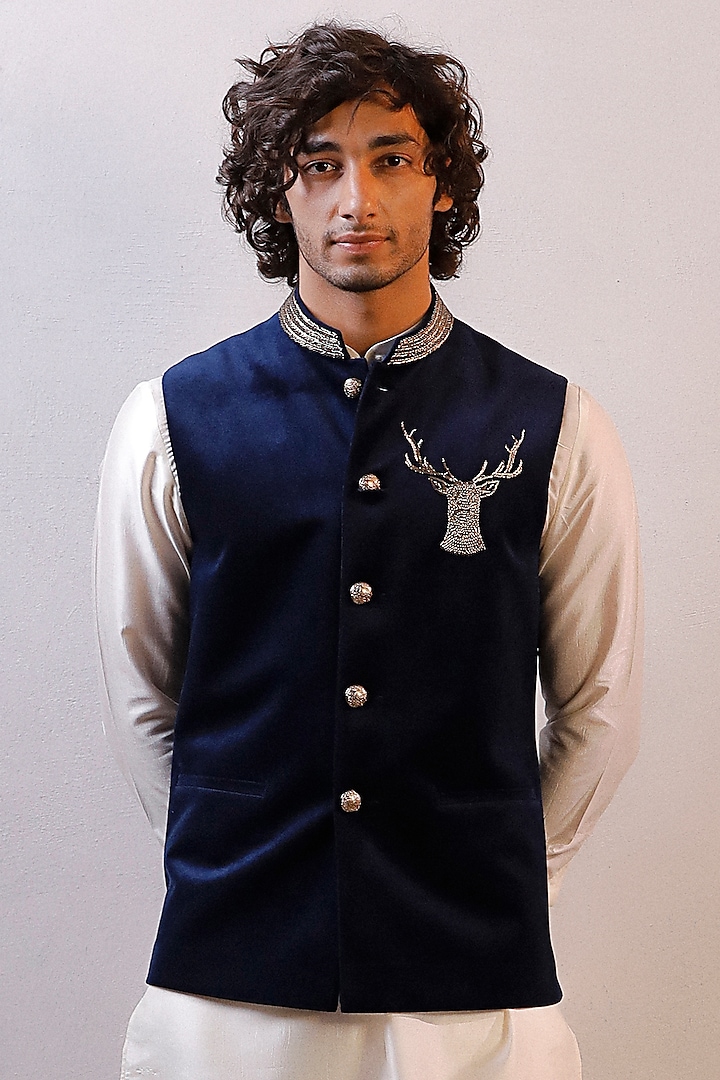 Blue Velvet Nehru Jacket Set by Line by Shamim Khan at Pernia's Pop Up Shop