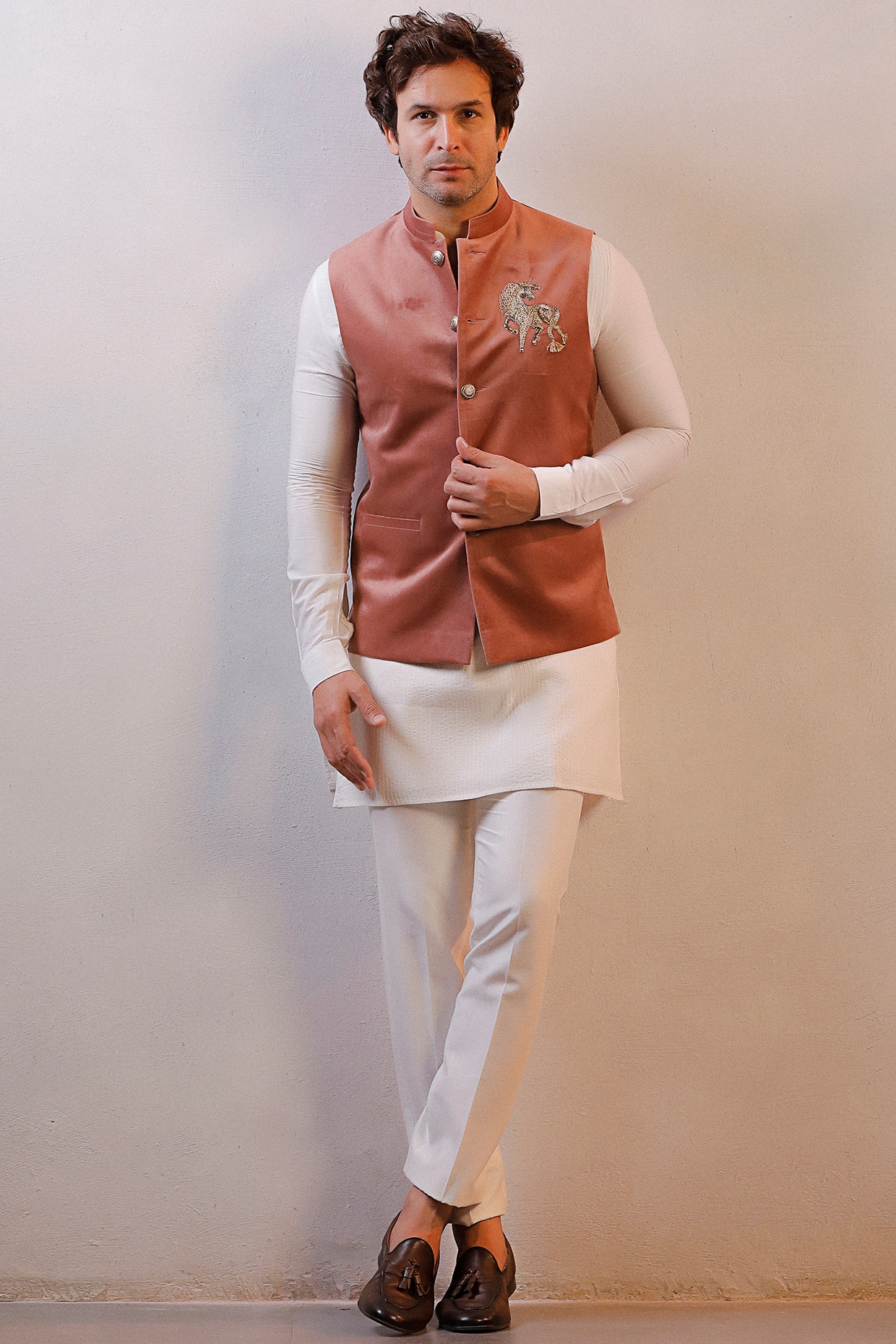 Peach Velvet Nehru Jacket Set by Line by Shamim Khan at Pernia s Pop Up Shop 2024