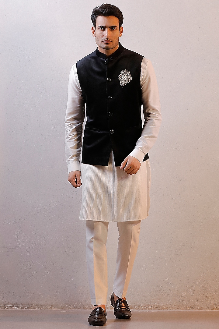 Black Cotton Velvet Nehru Jacket Set by Line by Shamim Khan