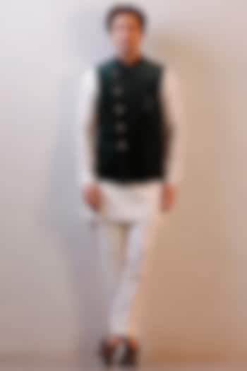 Green Silk Velvet Nehru Jacket Set by Line by Shamim Khan