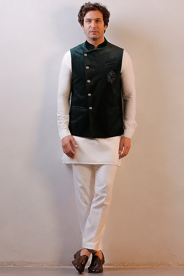 Green Silk Velvet Nehru Jacket Set by Line by Shamim Khan