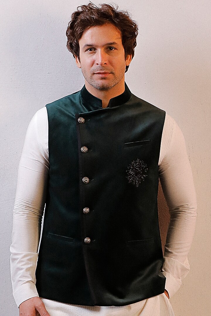 Green Silk Velvet Nehru Jacket Set by Line by Shamim Khan at Pernia's Pop Up Shop
