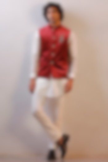 Maroon Silk Velvet Nehru Jacket Set by Line by Shamim Khan