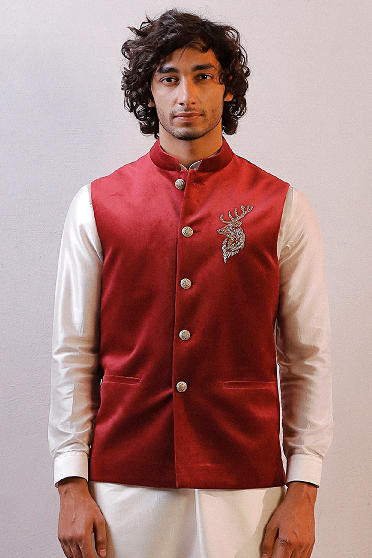 Wintage Men's Velvet Grandad Collar Festive Maroon Nehru Jacket Vest  Waistcoat