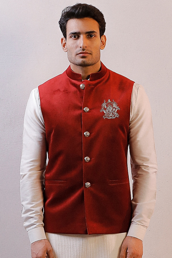 Maroon Silk Velvet Nehru Jacket Set by Line by Shamim Khan at Pernia's Pop Up Shop