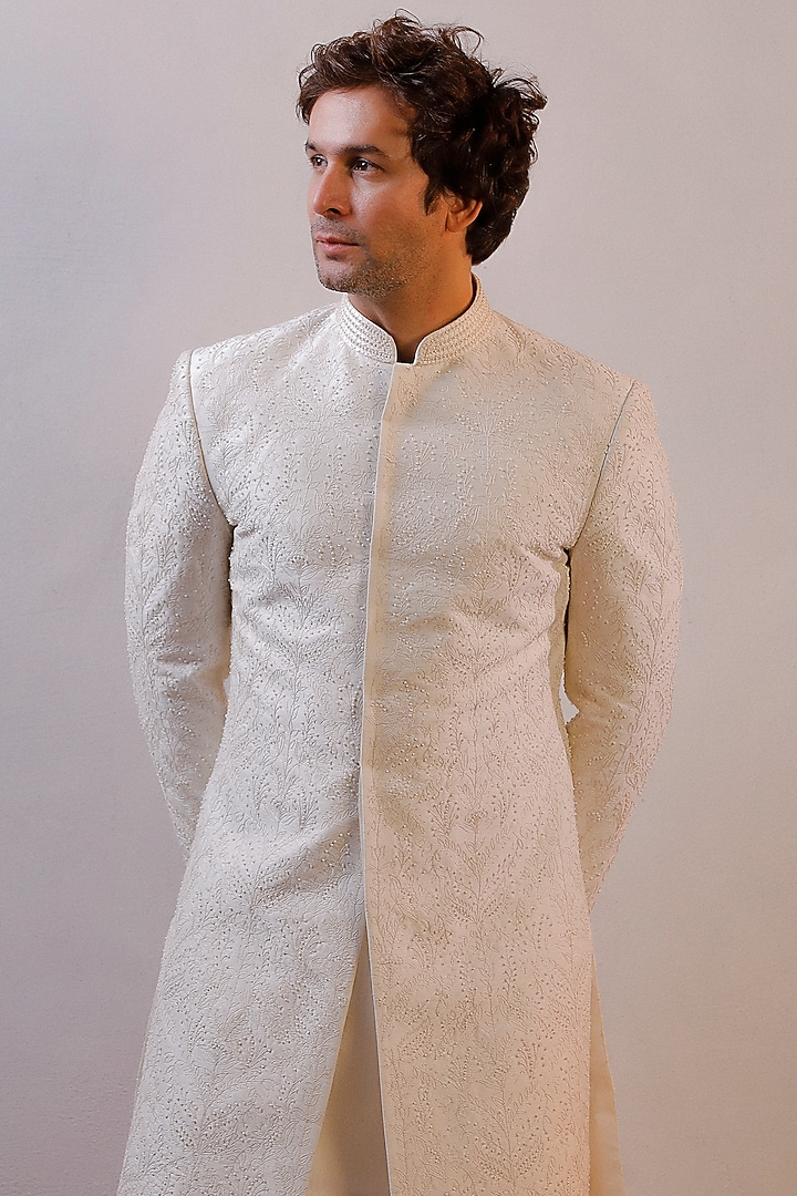 Ivory Raw Silk Embroidered Groom Sherwani Set by Line by Shamim Khan at Pernia's Pop Up Shop