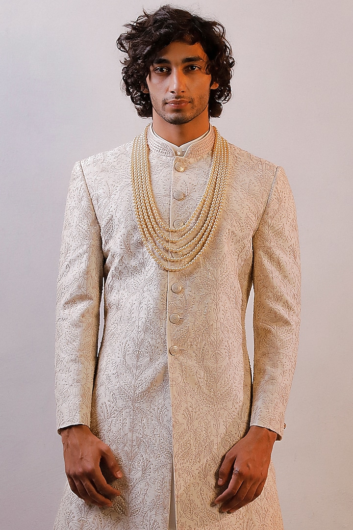 Ivory Raw Silk Hand Embroidered Groom Sherwani Set by Line by Shamim Khan at Pernia's Pop Up Shop