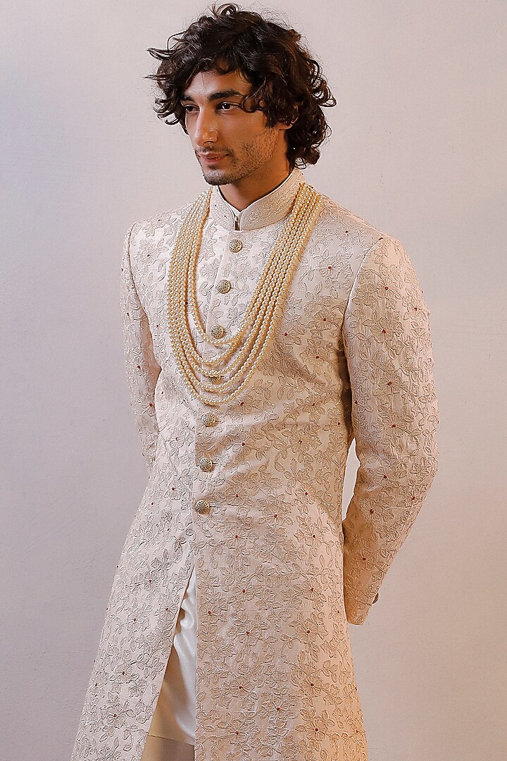 Ivory Raw Silk Hand Embroidered Groom Sherwani Set by Line by Shamim Khan at Pernia's Pop Up Shop