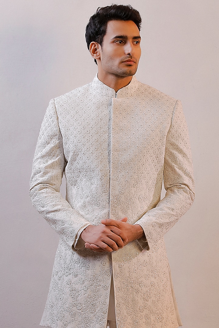 White Raw Silk Hand Embroidered Groom Sherwani Set by Line by Shamim Khan at Pernia's Pop Up Shop