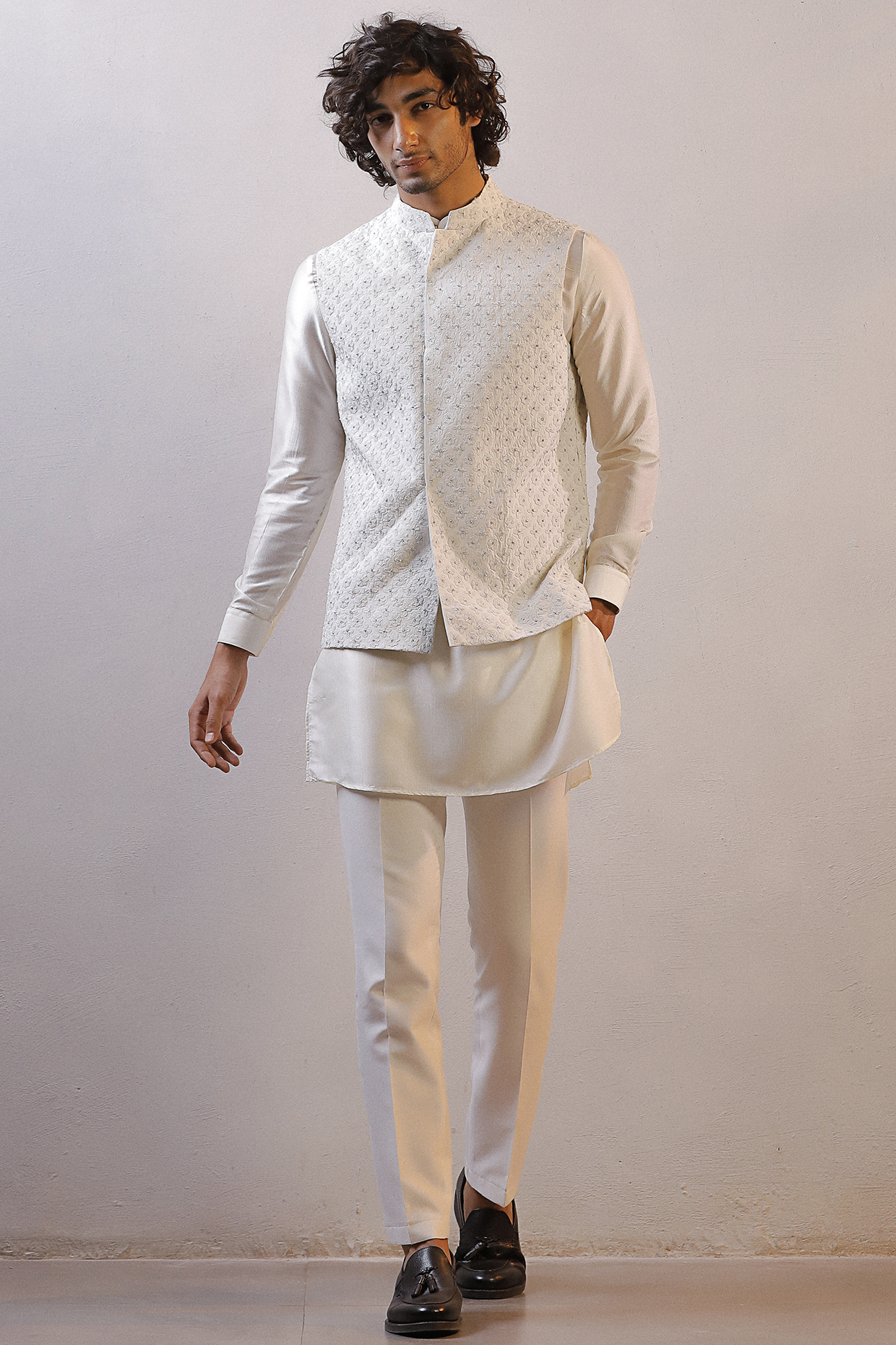 White Raw Silk Embroidered Nehru Jacket Set by Line by Shamim Khan at Pernia's Pop Up Shop