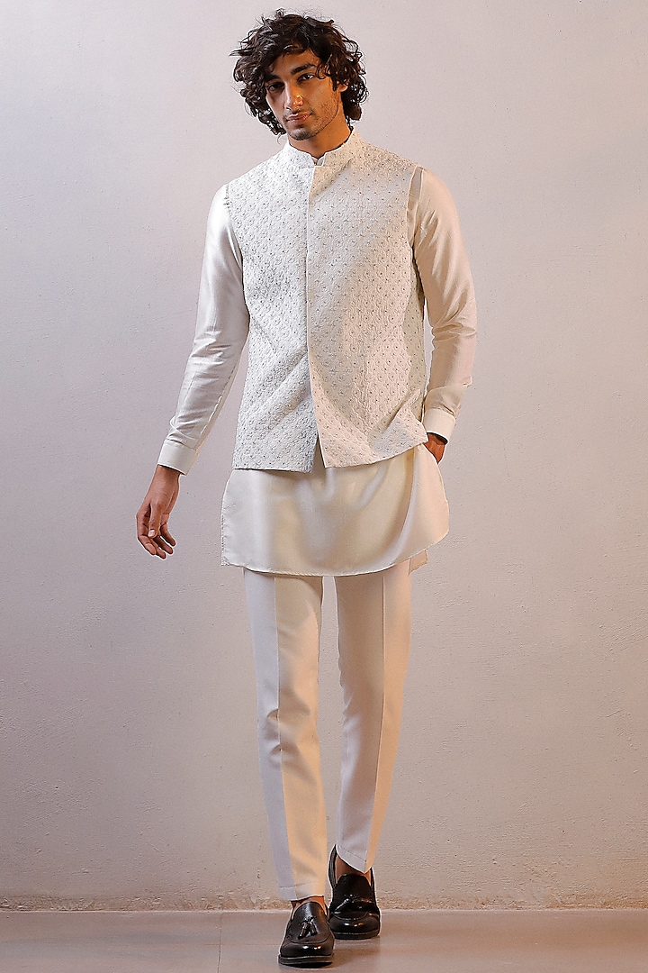 White Raw Silk Embroidered Nehru Jacket Set by Line by Shamim Khan at Pernia's Pop Up Shop