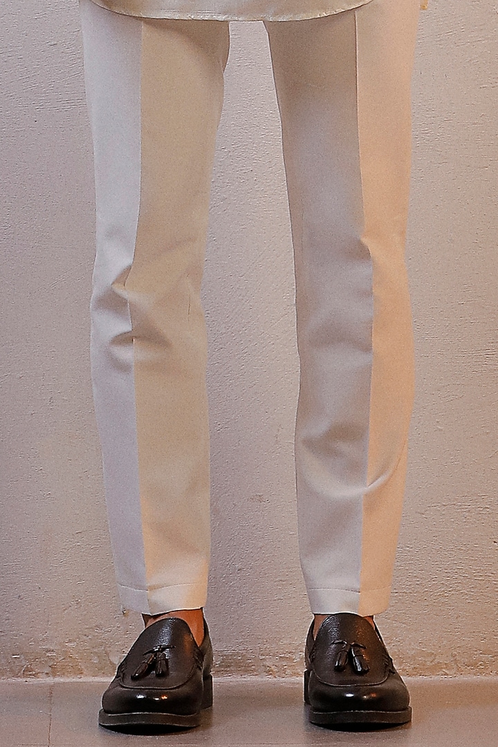 White Raw Silk Embroidered Nehru Jacket Set by Line by Shamim Khan at Pernia's Pop Up Shop