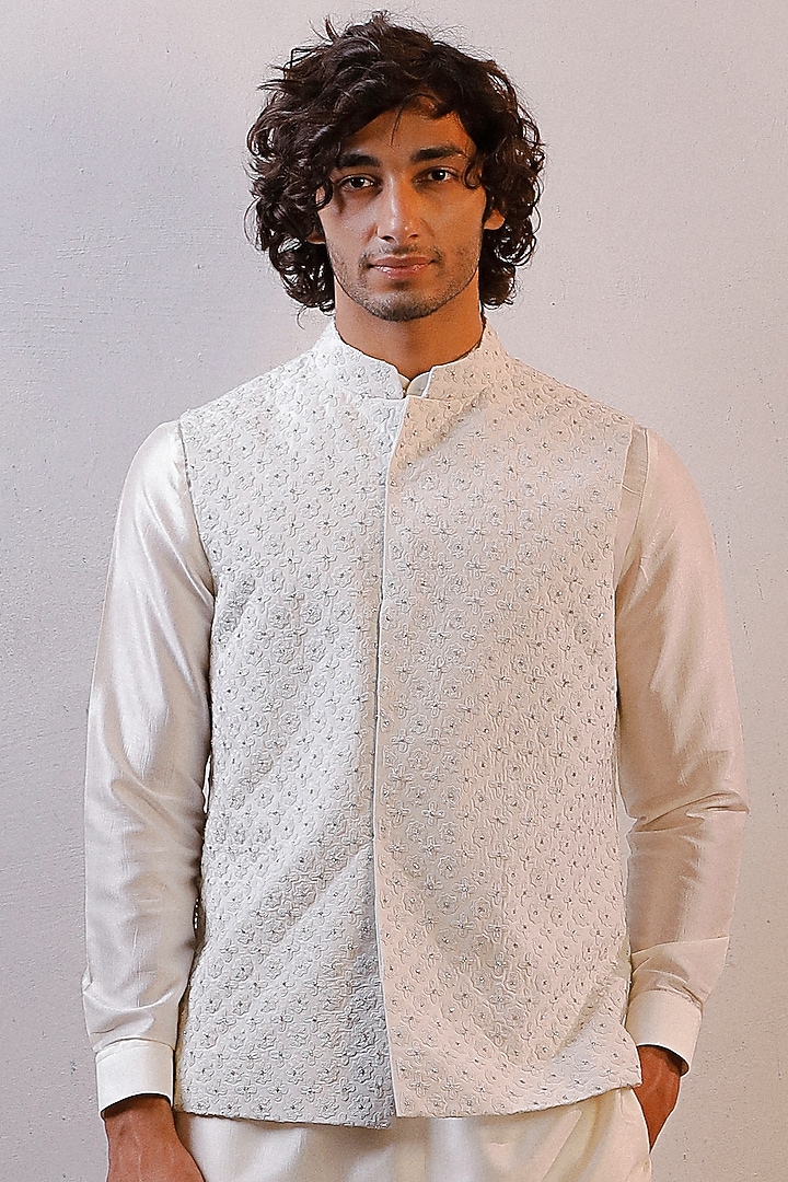 White Raw Silk Embroidered Nehru Jacket Set by Line by Shamim Khan at Pernia's Pop Up Shop