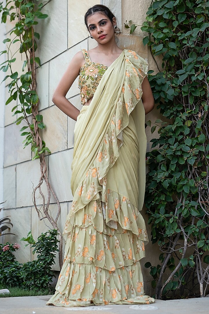 Green Printed Ready To Wear Saree Set by Label Tanya