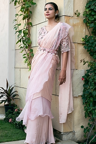 Peachy Pink Printed Ready To Wear Saree Set by Label Tanya