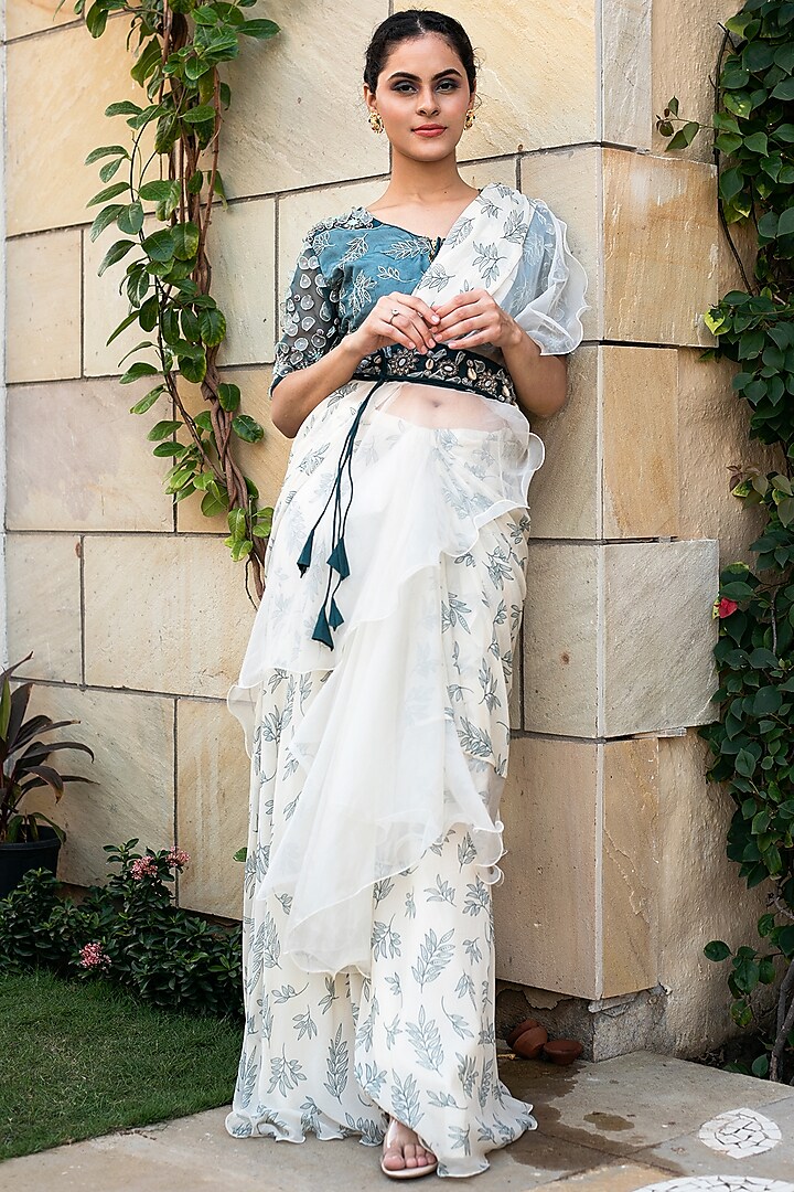 White Printed Ready To Wear Saree Set by Label Tanya