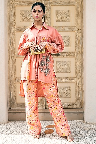 Peach Printed Co-Ord Set by Label Tanya