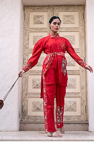 Red Printed Co-Ord Set by Label Tanya