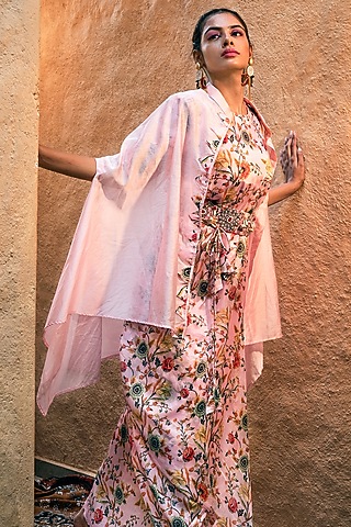 Pink Printed Draped Dress With Jacket by Label Tanya