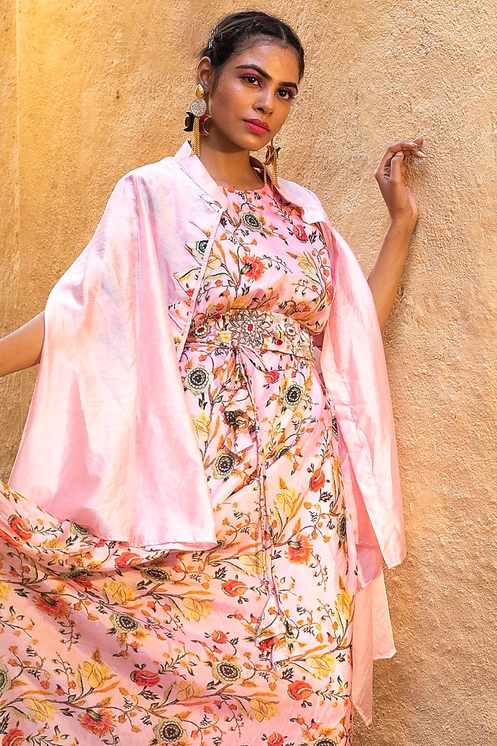 Pink Printed Draped Vacation Dress With Jacket by Label Tanya at Pernia's Pop Up Shop