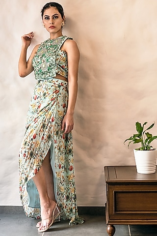 Green Dhoti Skirt Set by Label Tanya