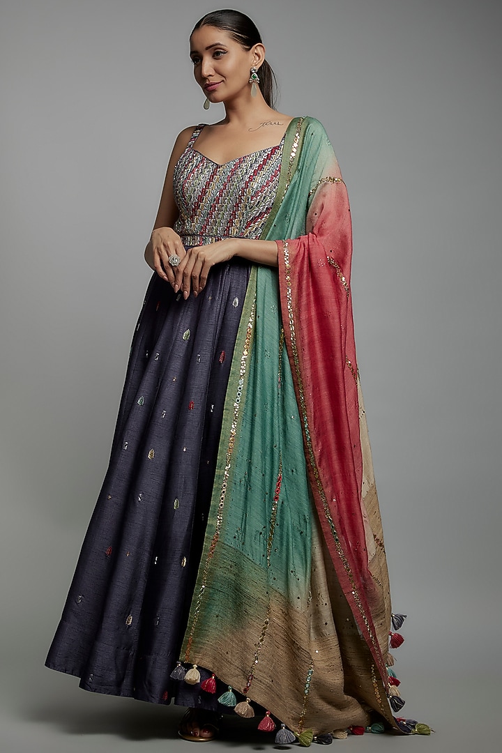 Grey Dupion Silk Resham Embroidered Wedding Anarkali Set by Loka By Veerali Raveshia at Pernia's Pop Up Shop