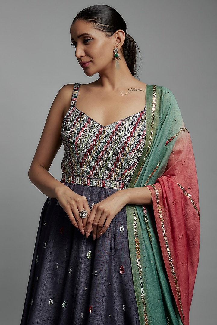 Grey Dupion Silk Resham Embroidered Wedding Anarkali Set by Loka By Veerali Raveshia at Pernia's Pop Up Shop