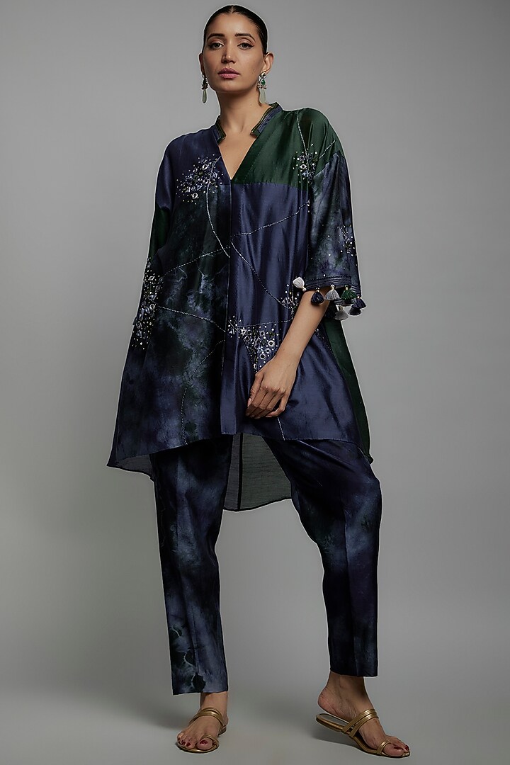 Midnight Blue Chanderi Silk Thread Embroidered Co-Ord Set by Loka By Veerali Raveshia at Pernia's Pop Up Shop