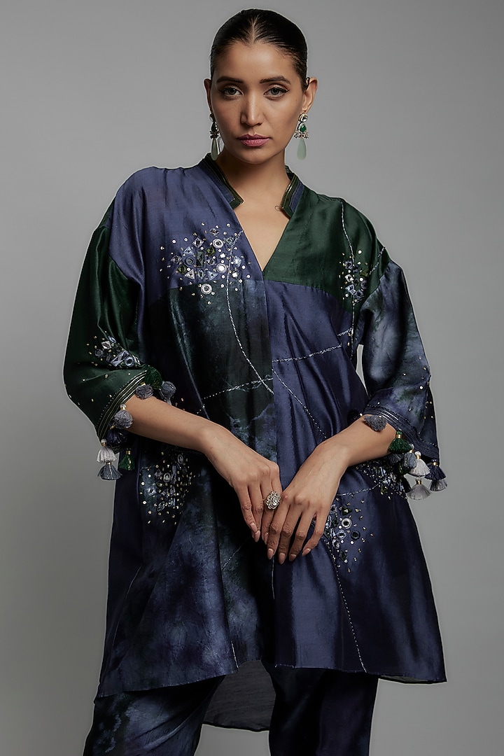 Midnight Blue Chanderi Silk Thread Embroidered Co-Ord Set by Loka By Veerali Raveshia at Pernia's Pop Up Shop