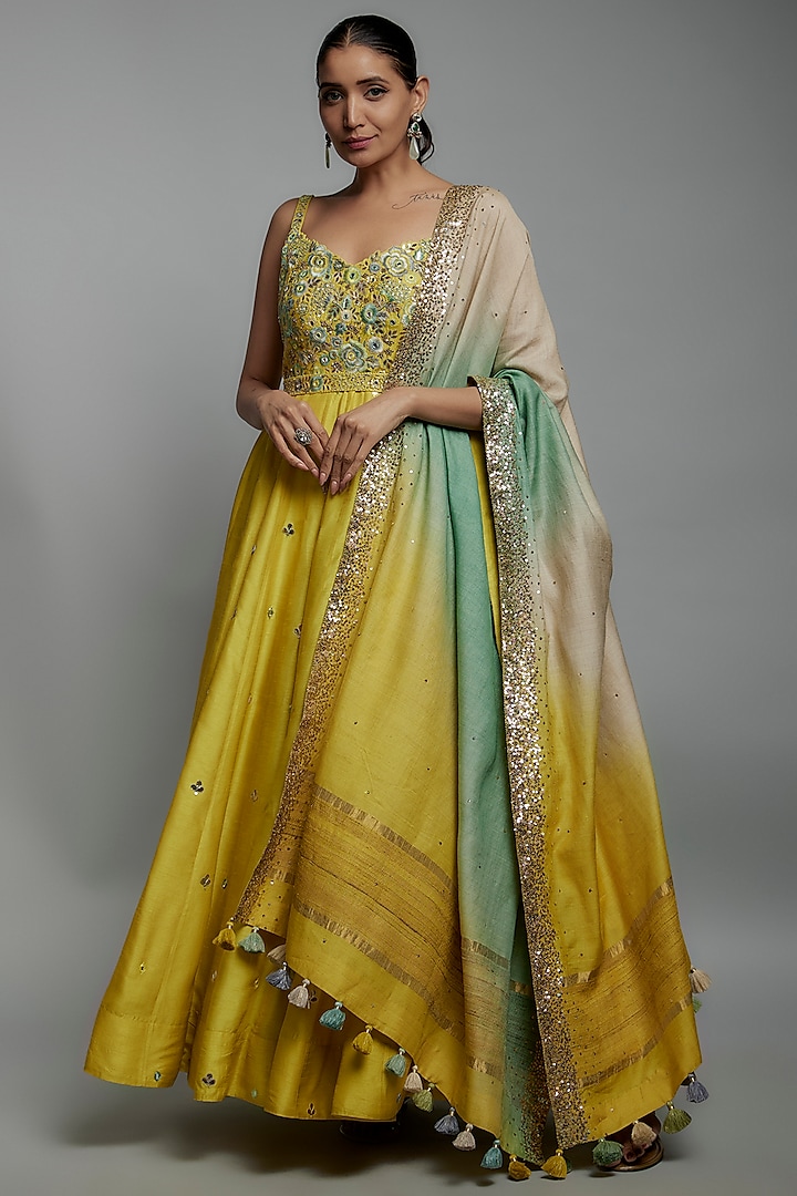 Yellow Dupion Silk Resham Embroidered Anarkali Set by Loka By Veerali Raveshia