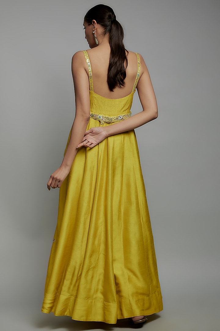 Yellow Dupion Silk Resham Embroidered Wedding Anarkali Set by Loka By Veerali Raveshia at Pernia's Pop Up Shop