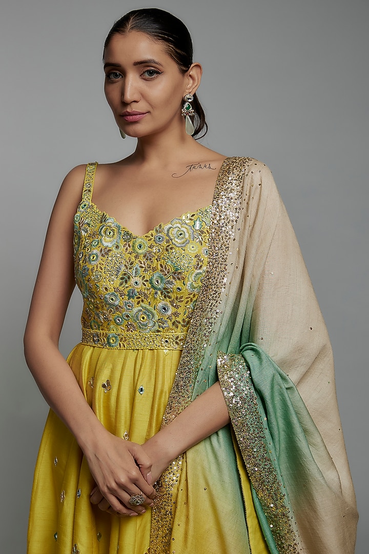 Yellow Dupion Silk Resham Embroidered Wedding Anarkali Set by Loka By Veerali Raveshia at Pernia's Pop Up Shop