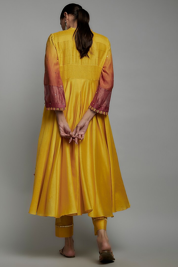 Yellow Chanderi Silk Hand Embroidered Flared Kurta Set by Loka By Veerali Raveshia at Pernia's Pop Up Shop
