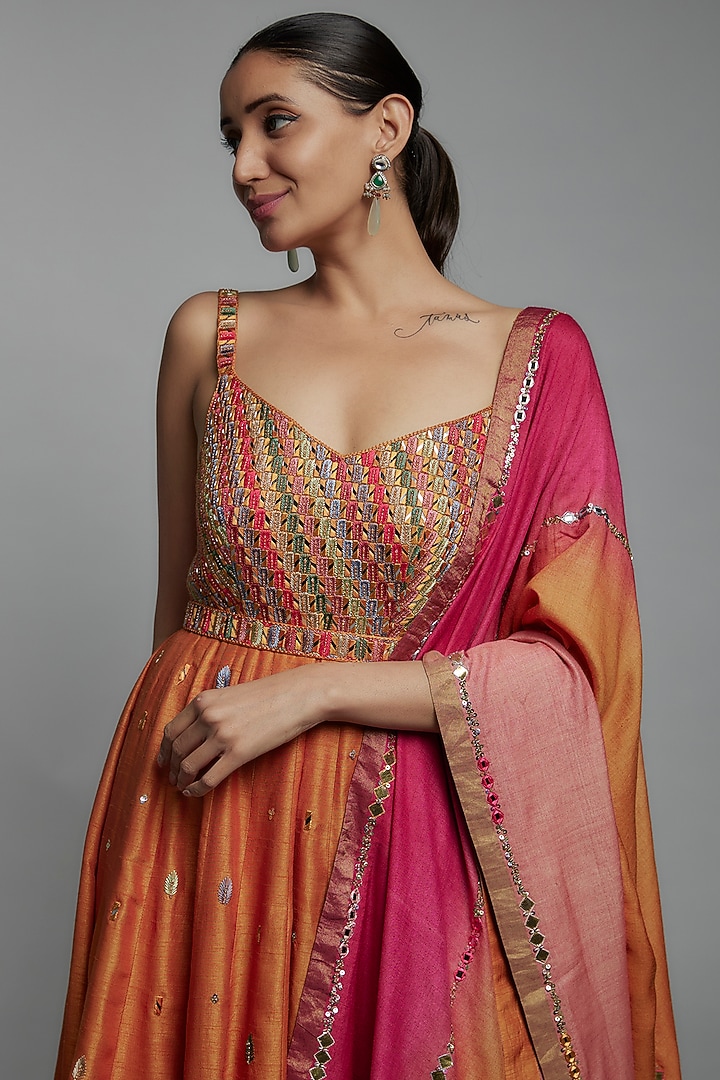 Orange Dupion Silk Resham Embroidered Wedding Anarkali Set by Loka By Veerali Raveshia at Pernia's Pop Up Shop