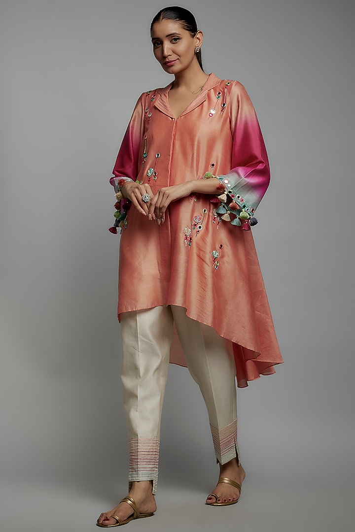 Pink Chanderi Silk Hand Embroidered Tunic Set by Loka By Veerali Raveshia at Pernia's Pop Up Shop